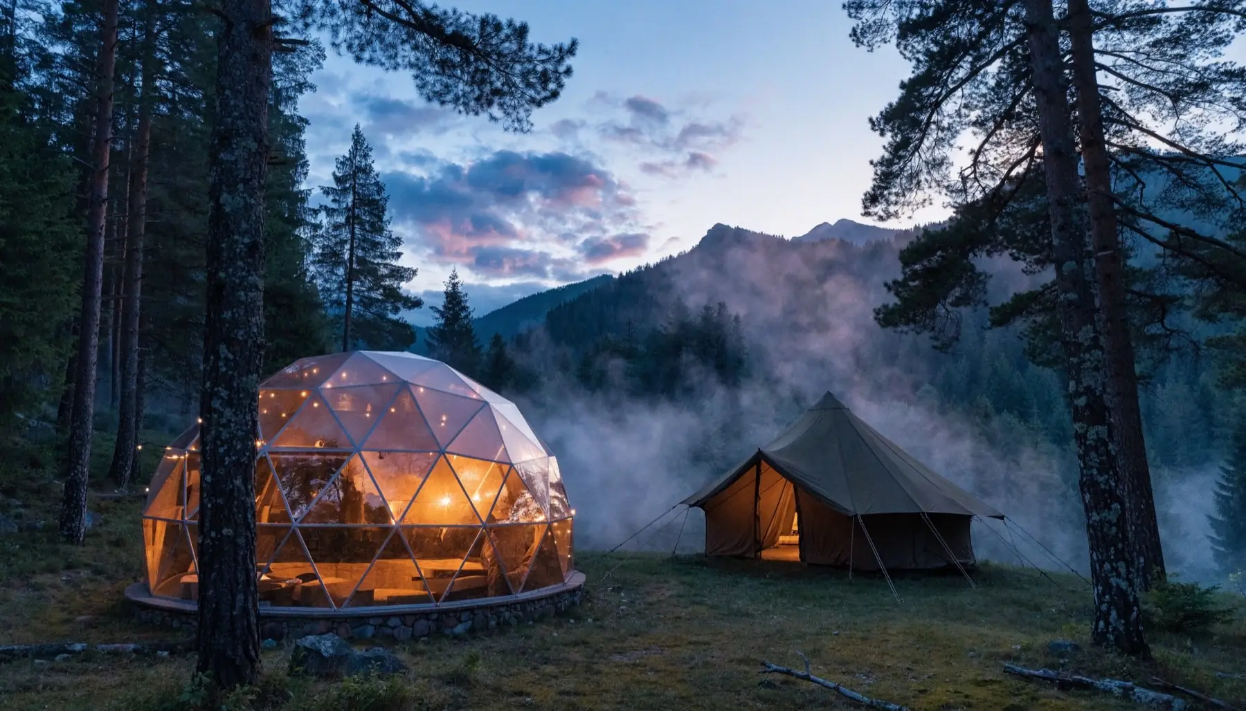 Gozdni glamping Tisa ob mraku, stekleni dom in šotor med smrekami