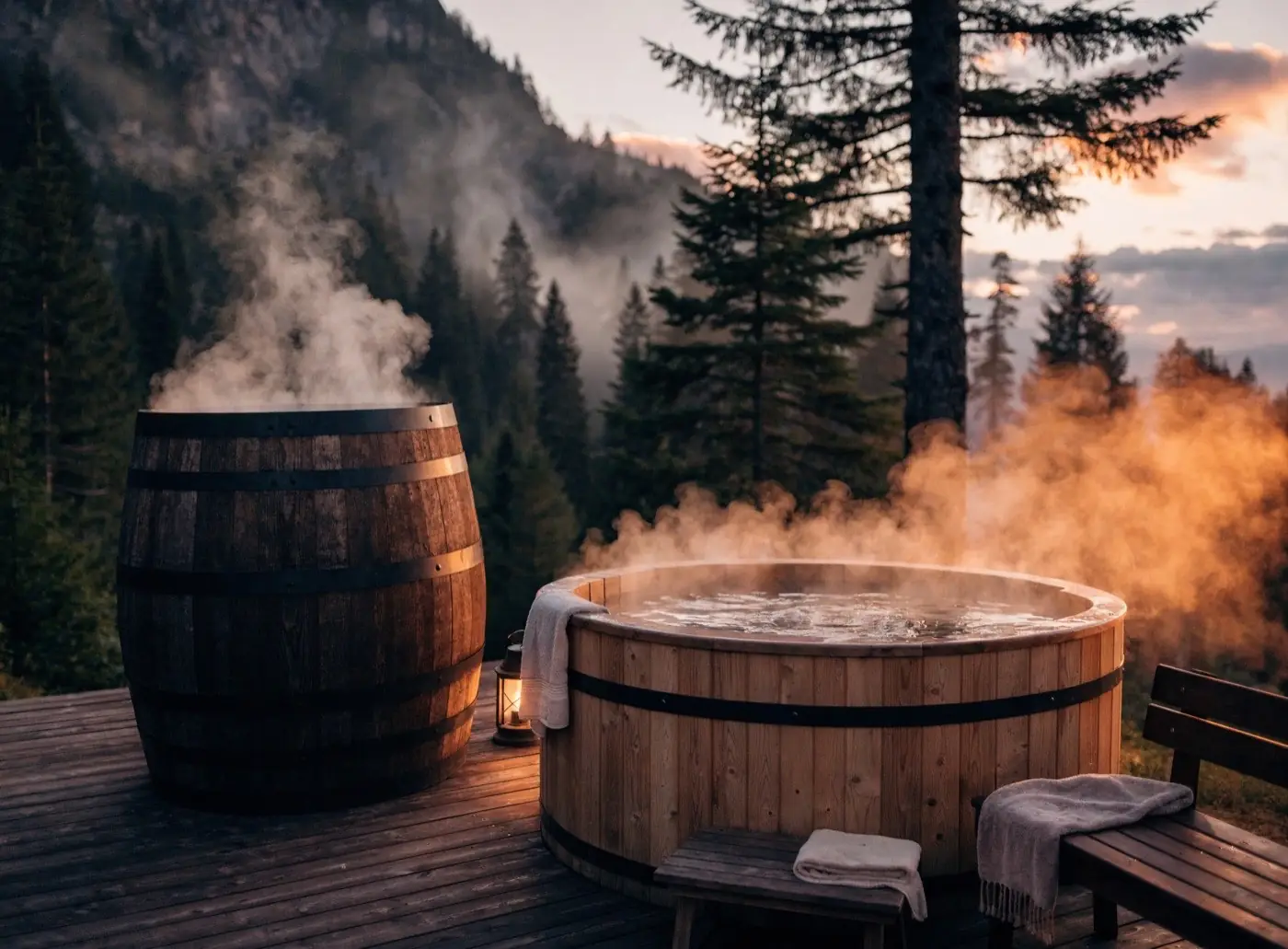 Lesena savna in topla kad sredi megličastega gozda