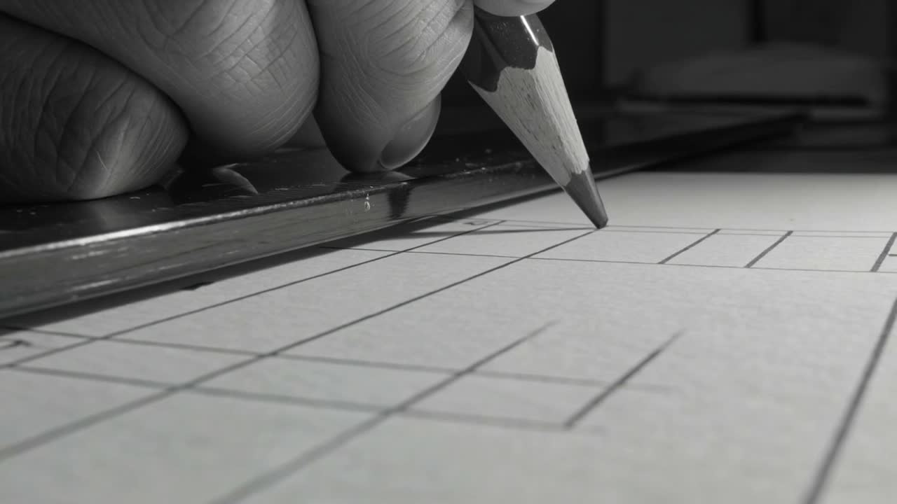 Page design in progress: a pencil against a steel ruler on a plan
